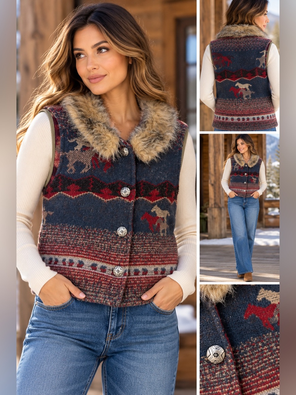 Roughrider by Circle T Western Horse Wool Blend Vest Faux Fur Collar Medium